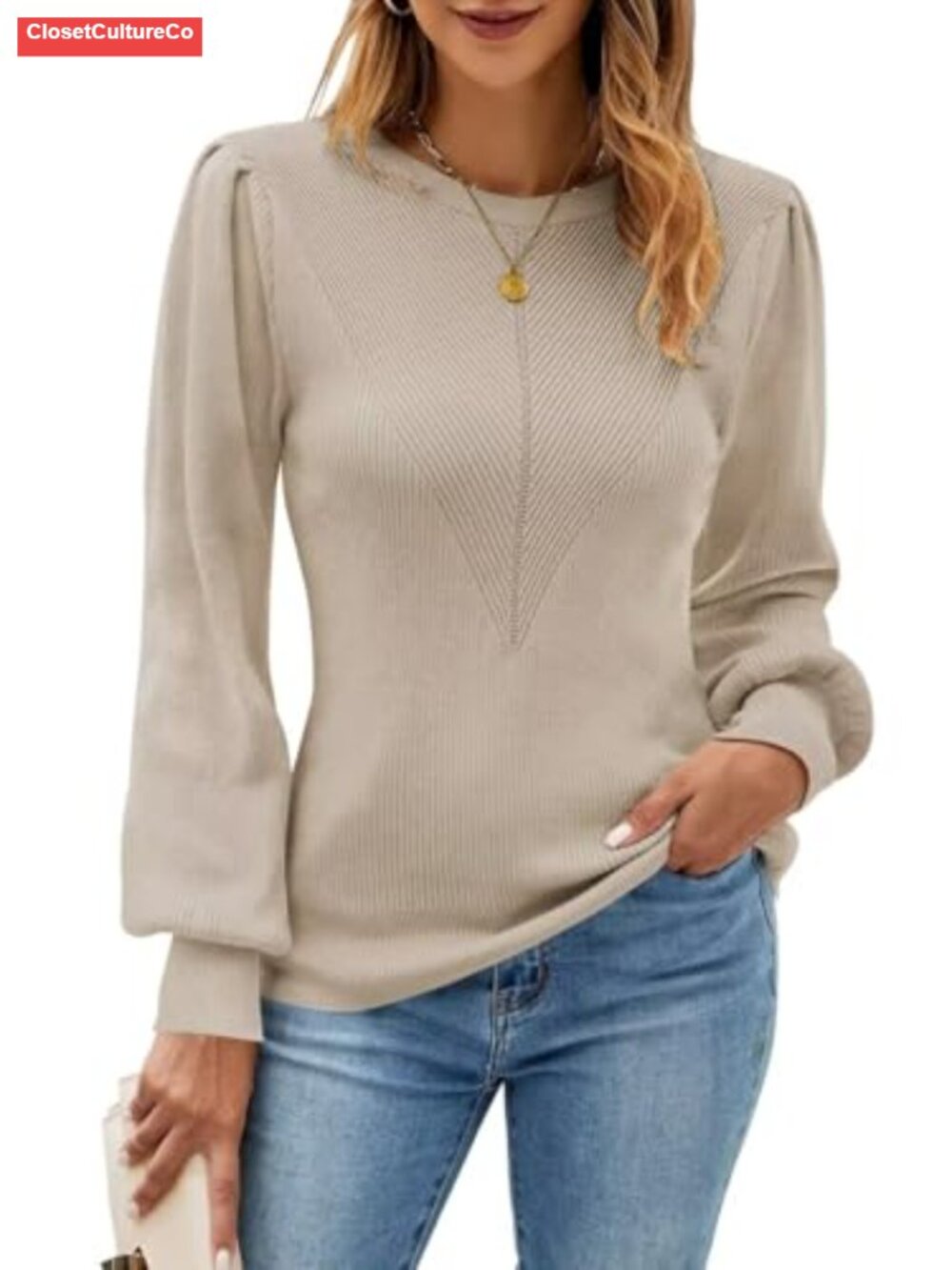 Womens Ribbed Knit Crew Neck Long Sleeve Pullover Sweater Casual Fall Top